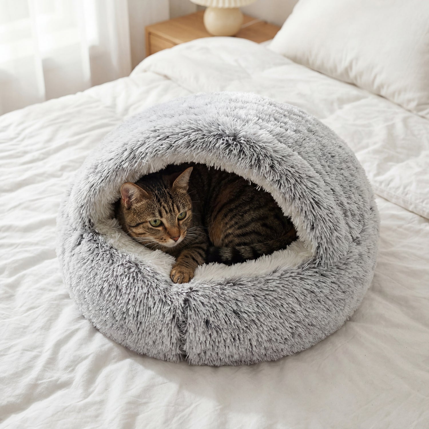 Cat lying in a fluffy gray pet bed on a white bedspread.